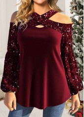Wine Red Sequin Plus Size Long Sleeve T Shirt