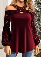 Wine Red Sequin Plus Size Long Sleeve T Shirt | thumb picture 
