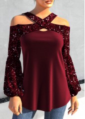 Wine Red Sequin Plus Size Long Sleeve T Shirt | thumb picture 