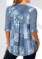 Denim Blue Lace Leaf Print Half Sleeve Blouse