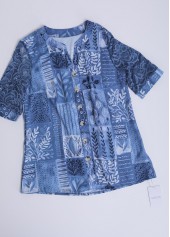 Denim Blue Lace Leaf Print Half Sleeve Blouse | thumb picture 