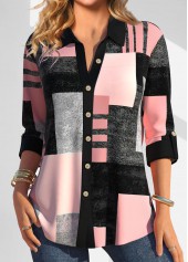Pink Button Geometric Print Three Quarter Length Sleeve Blouse