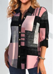 Pink Button Geometric Print Three Quarter Length Sleeve Blouse | thumb picture 