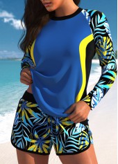 Contrast Binding Tropical Plants Print Dusty Blue Tankini Set