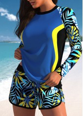 Contrast Binding Tropical Plants Print Dusty Blue Tankini Set | thumb picture 