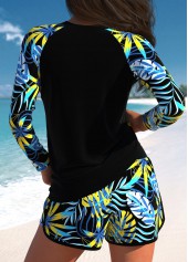 Contrast Binding Tropical Plants Print Dusty Blue Tankini Set | thumb picture 