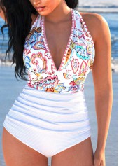 Patchwork Paisley Print White One Piece Swimwear