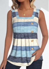 Light Blue Button Striped Sleeveless Square Neck Tank Top
