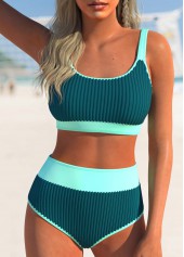 Contrast Binding Patchwork Turquoise Bikini Set