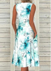Blue Tummy Coverage Floral Print Sleeveless Round Neck Dress