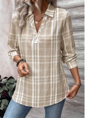 Light Coffee Button Plaid Long Sleeve Shirt Collar Blouse | thumb picture 