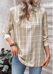 Light Coffee Button Plaid Long Sleeve Shirt Collar Blouse | thumb picture 