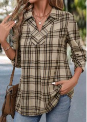 Light Coffee Button Plaid Long Sleeve Shirt
