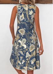 Navy Grommet Tribal Print A Line Sleeveless Dress