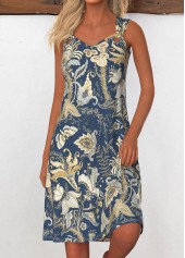 Navy Grommet Tribal Print A Line Sleeveless Dress | thumb picture 