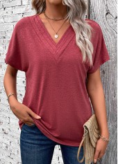 Brick Red Patchwork Short Sleeve V Neck T Shirt