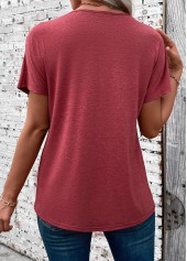 Brick Red Patchwork Short Sleeve V Neck T Shirt | thumb picture 