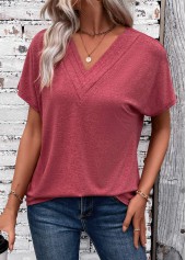 Brick Red Patchwork Short Sleeve V Neck T Shirt | thumb picture 