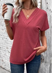 Brick Red Patchwork Short Sleeve V Neck T Shirt