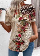 Beige Cut Out Floral Print Short Sleeve T Shirt | thumb picture 
