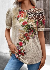 Beige Cut Out Floral Print Short Sleeve T Shirt