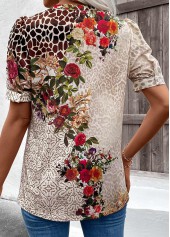 Beige Cut Out Floral Print Short Sleeve T Shirt | thumb picture 