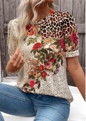 Beige Cut Out Floral Print Short Sleeve T Shirt | thumb picture 