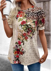 Beige Cut Out Floral Print Short Sleeve T Shirt | thumb picture 