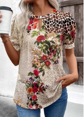 Beige Cut Out Floral Print Short Sleeve T Shirt | thumb picture 