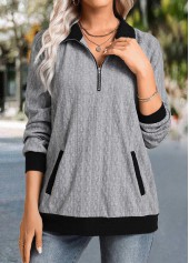Grey Zipper Long Sleeve Shirt Collar Sweatshirt | thumb picture 