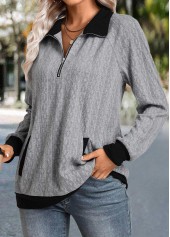Grey Zipper Long Sleeve Shirt Collar Sweatshirt | thumb picture 