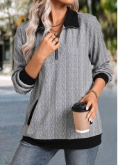 Grey Zipper Long Sleeve Shirt Collar Sweatshirt