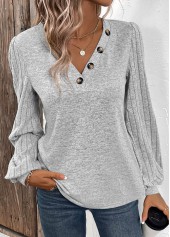 Light Grey Button Long Sleeve V Neck T Shirt