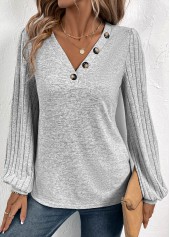Light Grey Button Long Sleeve V Neck T Shirt | thumb picture 