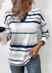 White Patchwork Striped Long Sleeve Split Neck T Shirt