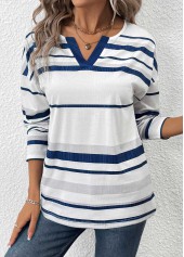 White Patchwork Striped Long Sleeve Split Neck T Shirt | thumb picture 