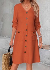 Terracotta Button A Line Long Sleeve V Neck Dress