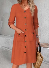 Terracotta Button A Line Long Sleeve V Neck Dress | thumb picture 
