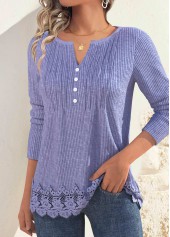 Dusty Purple Embroidery Long Sleeve Split Neck T Shirt | thumb picture 