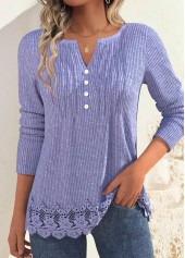 Dusty Purple Embroidery Long Sleeve Split Neck T Shirt