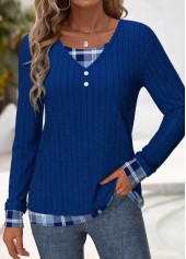 Blue Button Plaid Long Sleeve Fake Two Piece Twinset