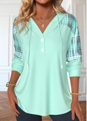 Light Green Patchwork Plaid Long Sleeve Hoodie