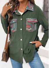 Green Corduroy Tribal Print Long Sleeve Coat | thumb picture 