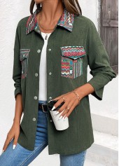Green Corduroy Tribal Print Long Sleeve Coat | thumb picture 