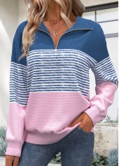 Dusty Blue Zipper Striped Long Sleeve Sweatshirt | thumb picture 