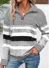 Black Zipper Striped Long Sleeve Turn Down Collar Sweatshirt