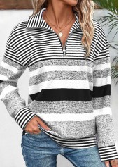 Black Zipper Striped Long Sleeve Turn Down Collar Sweatshirt | thumb picture 