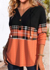 Orange Patchwork Plaid Long Sleeve Hoodie | thumb picture 