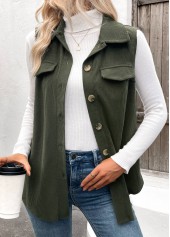 Olive Green Patchwork Sleeveless Shirt Collar Corduroy Waistcoat