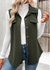 Olive Green Patchwork Sleeveless Shirt Collar Corduroy Waistcoat | thumb picture 